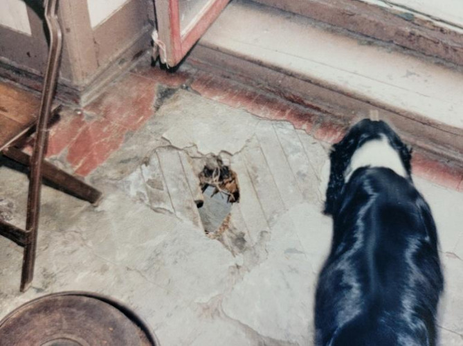 There were many holes in the floor through to the boat bays below. This hole location at the current kitchen.